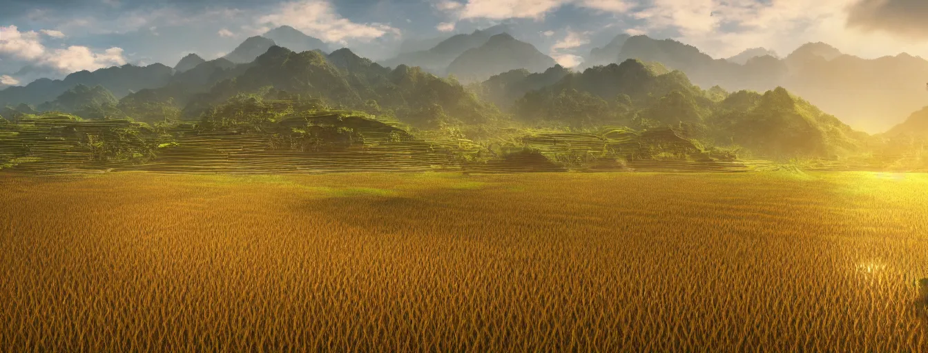 Image similar to Photo of paddy field of Yan, with several village and gunung jerai mountain at the background, wide angle, volumetric light, hyperdetailed, light water, artstation, cgsociety, 8k