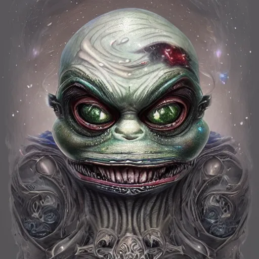 Image similar to 3d render of highly detailed hyper-detailed beautiful mystic portrait of a phantom undead pepe with whirling galaxy around, tattoos by Anton Pieck, intricate, extremely detailed, digital painting, artstation, concept art, smooth, sharp focus, illustration, intimidating lighting, incredible art,