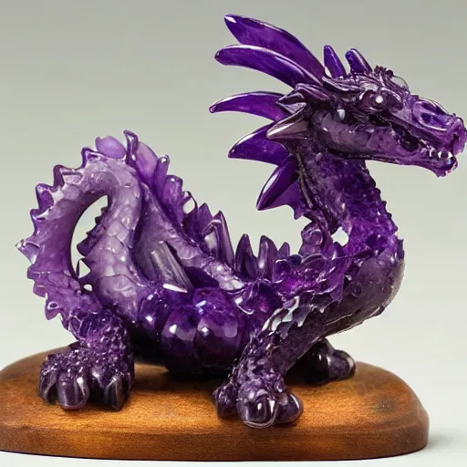 Prompt: detail miniature amethyst sculpture of a dragon, full view, high detail