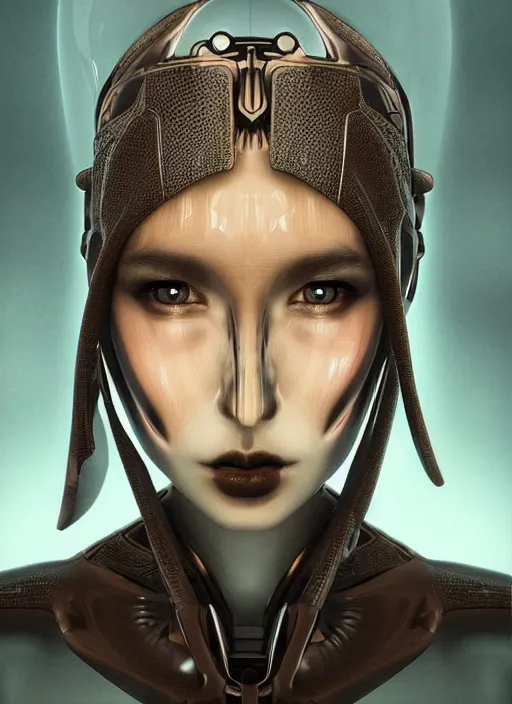 Image similar to beautiful portrait of an alien cyborg, style of Feng Zhu, Artstation geometric, aesthetic, big eyes, smooth skin, gothic make up, unique features, symmetrical, intricate crown, high fashion, streetwear, cyberpunk, detailed, octane render, cinematic, 8k, brown skin, retro sci fi film,