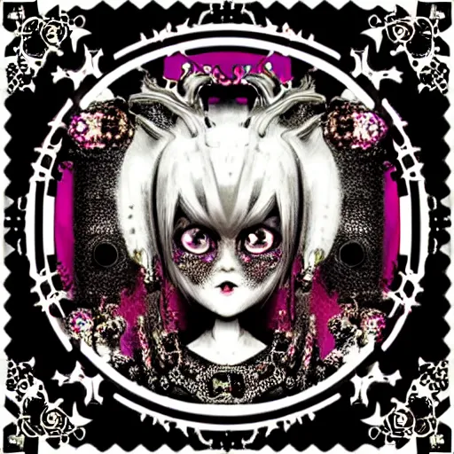 Image similar to baroque bedazzled gothic royalty frames surrounding a pixelsort emo demonic horrorcore japanese yokai doll, low quality sharpened graphics, remastered chromatic aberration spiked korean bloodmoon sigil stars draincore, gothic demon hellfire hexed witchcore aesthetic, dark vhs gothic hearts, neon glyphs spiked with red maroon glitter breakcore art by guro manga artist Shintaro Kago