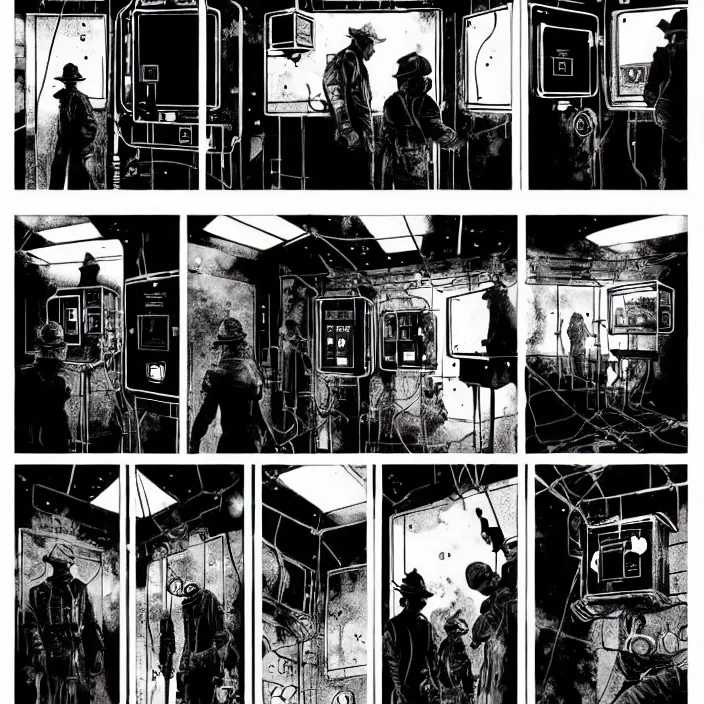 Prompt: sadie sink as a miner inside a minimalist steampunk automated kiosk with options to choose from. single storyboard panel. scifi cyberpunk. by gabriel hardman, joe alves, chris bonura. cinematic atmosphere, detailed and intricate, perfect anatomy