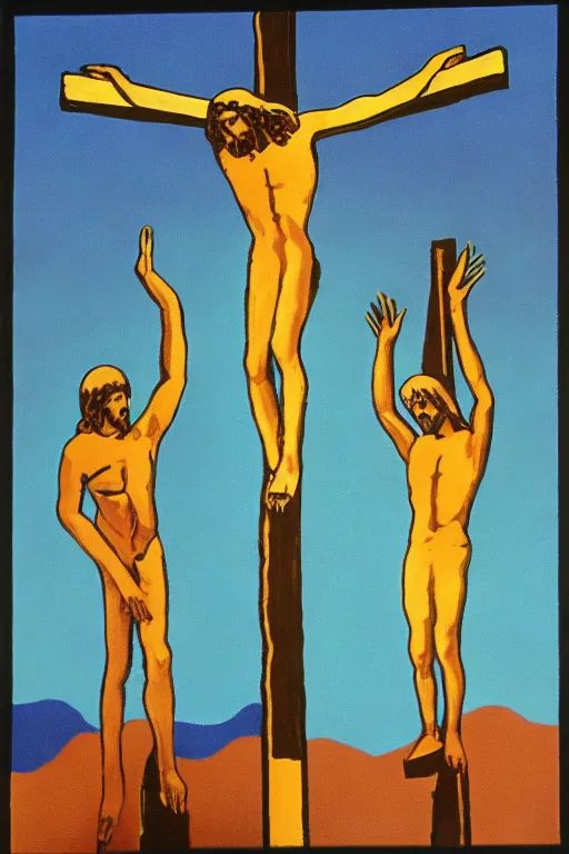 Prompt: jesus christ crucified and ufos in the background painted by andy warhol