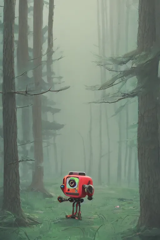 Image similar to Cute little robot lost in the forest art style by Simon Stålenhag, , trending on artstation, artstationHD, artstationHQ, 4k, 8k