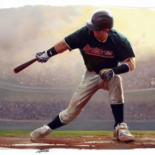 Image similar to baseball player hitting the ball with the baseball bat in the middle of the game and in front of everyone in the stadium, james gurney painting style, greg rutkowski, artstation