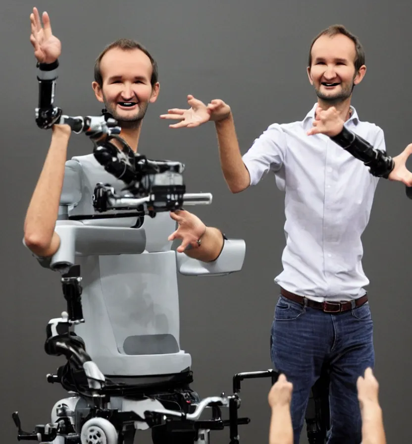 Image similar to Nick Vujicic with robotic arms and legs