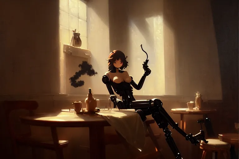 Image similar to coffee room baroque oil painting finely detailed perfect face mexican man smoking anime shinkai takeuchi key visual of character concept art metal female robot body suit pixiv fanbox, painted by greg rutkowski