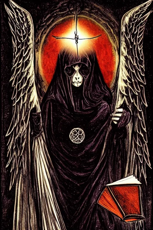 Image similar to dark angel holding a book of necronomicon, tarot card, illustration by lady frieda harris, symmetrical, cinematic, sharp focus, 4 k, ultra hd, sense of awe, sinister demonic atmosphere, dreadful, forbidden knowledge, old gods. demonology