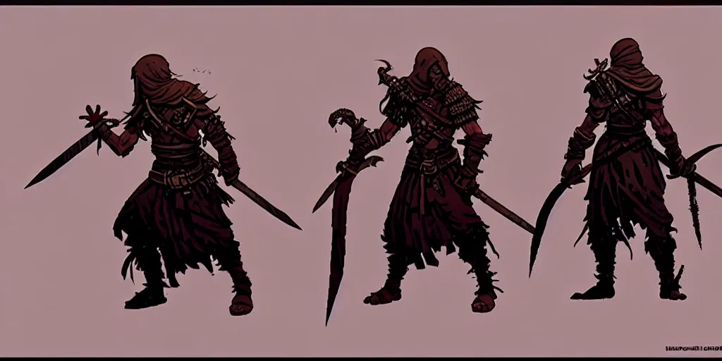 Image similar to warrior character design, idle pose, sword, sprite, darkest dungeon, pc game, sideview, art by moebius and greg rutkowski.