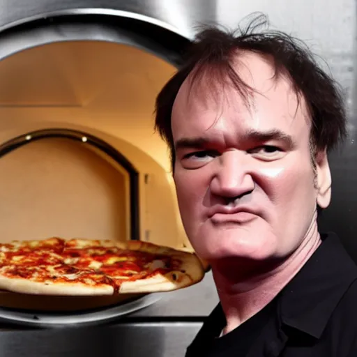 Image similar to quentin tarantino trapped inside a pizza oven