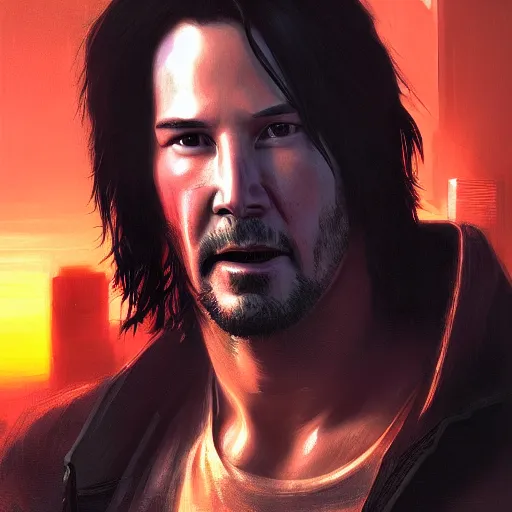 Image similar to cyberpunk, closeup portrait of a keanu reeves, dramatic light, city background, sunset, dystopian setting, high contrast, sharp, neuromancer, henry dorsett case, painted by stanley lau, painted by greg rutkowski, painted by stanley artgerm, digital art, trending on artstation