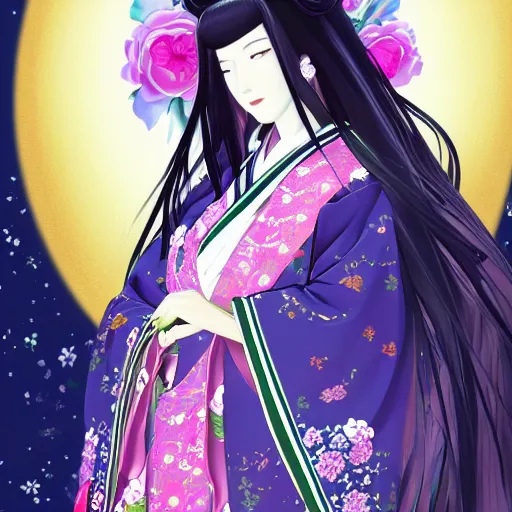 Image similar to portrait of the japanese moon princess kaguya hime with long flowing black hair wearing an ornate pink kimono with intricate floral patterns, touhou character design by ross tran, yoshitaka amano artstation