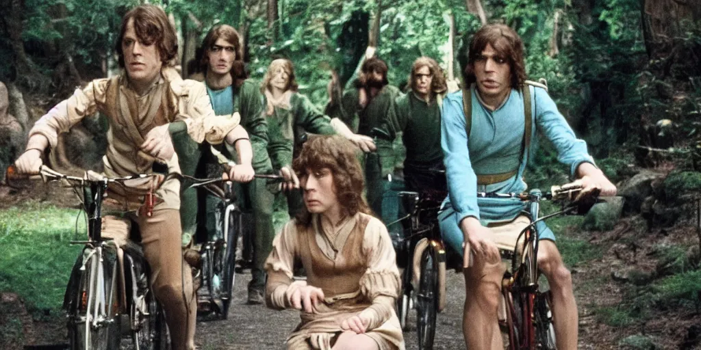 Prompt: A full color still from a Stanley Kubrick film featuring Rivendell, 35mm, 1975