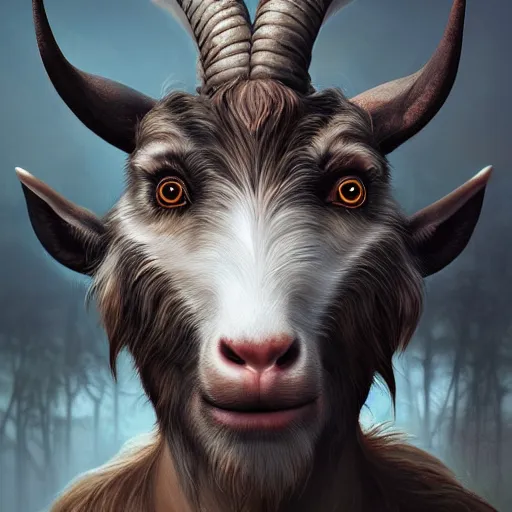 Prompt: caricature hypnotic crazy goat with huge enormous crazy cartoony eyes, fantasy, hyperrealistic, highly detailed digital illustration, greg rutkowski, artgerm, trending on artstation, 8 k