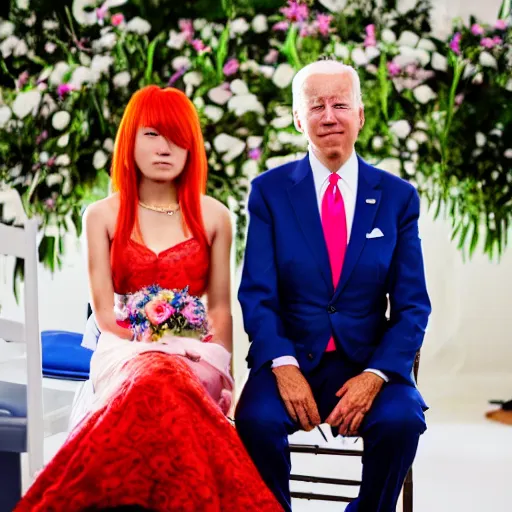 Image similar to professional photograph of Joe Biden and Asuka Langley getting married, very detailed, very intricate, 8k,