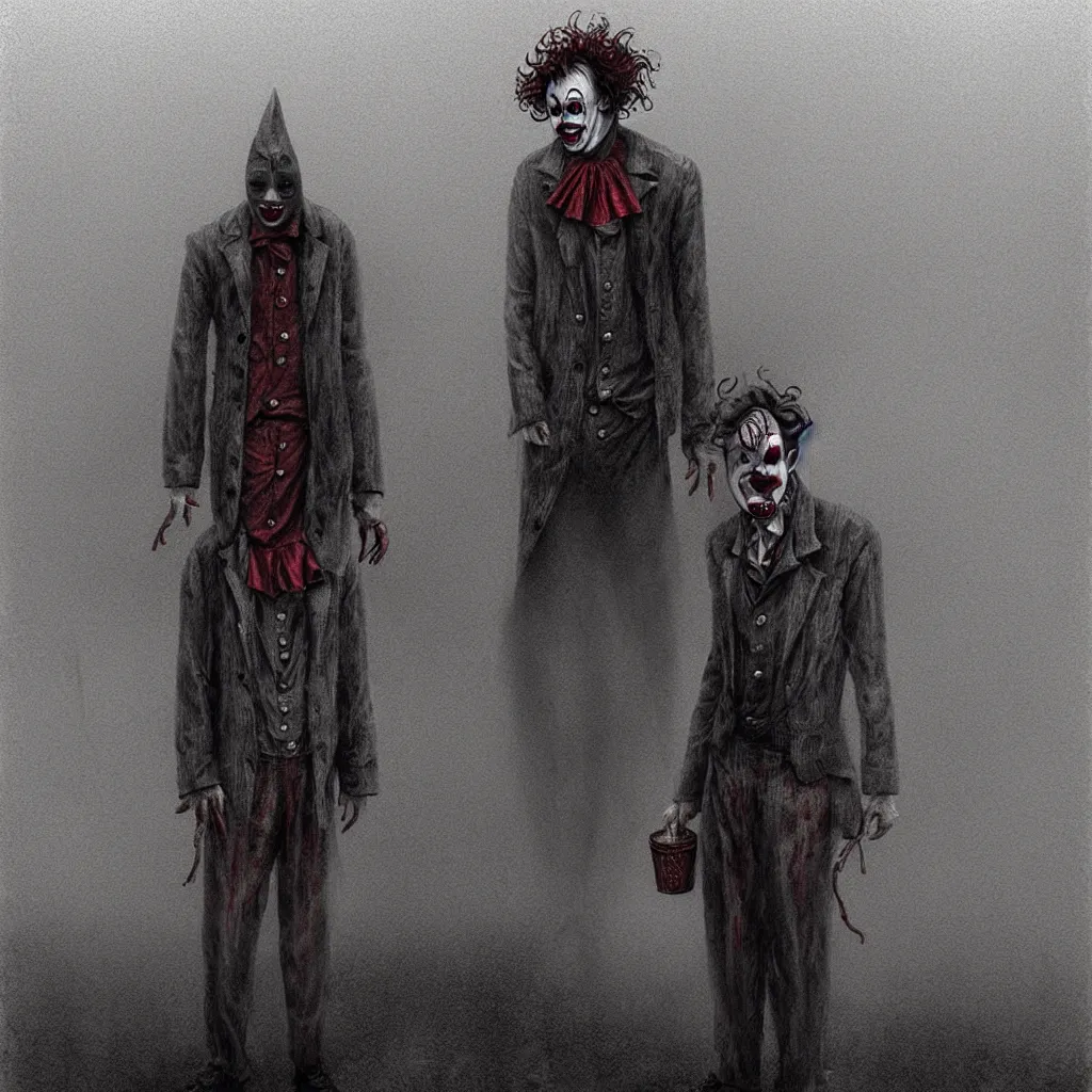 Prompt: James Sunderland from Silent Hill 2 dressed as a clown standing in a foggy street, intricate, elegant, sharp focus, illustration, highly detailed, digital painting, concept art, matte, art by Masahiro Ito