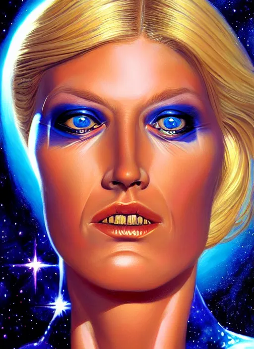 Image similar to portrait of a blonde alien plejaren woman inside a spaceship wearing a space uniform, beautiful face, hyper realistic, highly detailed digital painting by earl norem, artstation illustration co