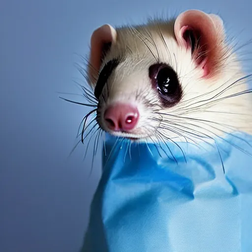Prompt: a ferret wearing a hospital gown