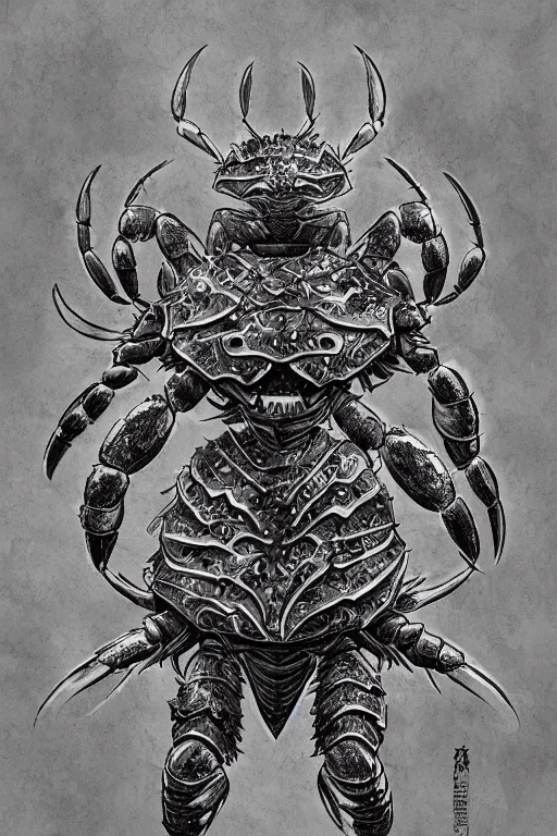 Image similar to armoured warrior humanoid crab monster, symmetrical, highly detailed, digital art, crab themed armour, sharp focus, trending on art station, kentaro miura manga art style