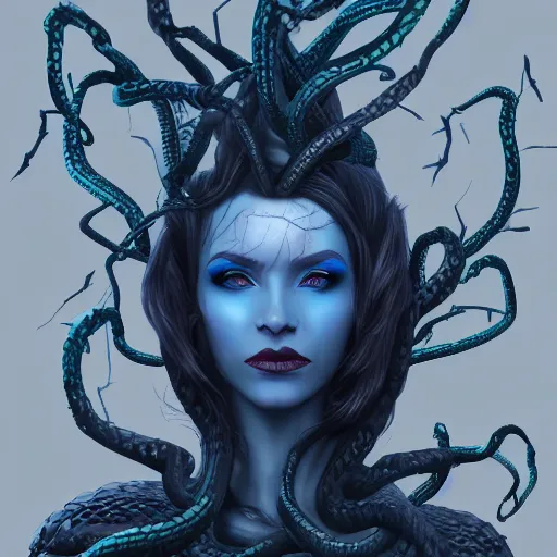 Image similar to dark queen of snakes, crown of snakes, blue skin, realism, dark fantasy, surrounded by thorned vines, unreal engine, artstation