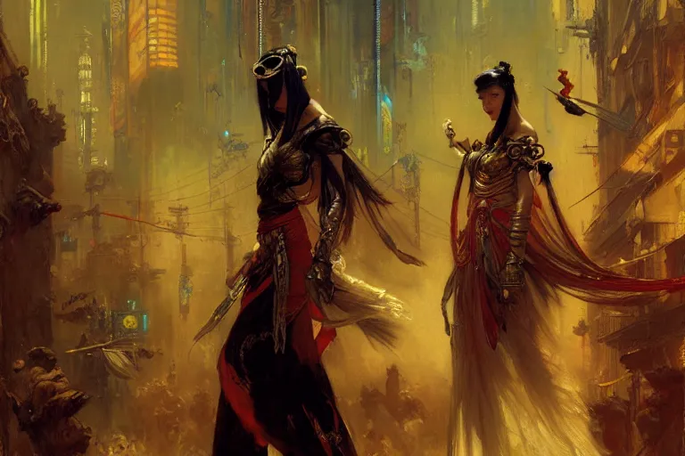 Image similar to wuxia, cyberpunk, painting by gaston bussiere, craig mullins, j. c. leyendecker