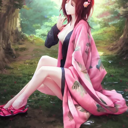 Image similar to realistic beautiful gorgeous natural cute drunk blushed girl in kimono art drawn full HD 4K highest quality in artstyle by professional artists WLOP, Taejune Kim, yan gisuka, JeonSeok Lee, artgerm, Ross draws, Zeronis, Chengwei Pan on Artstation