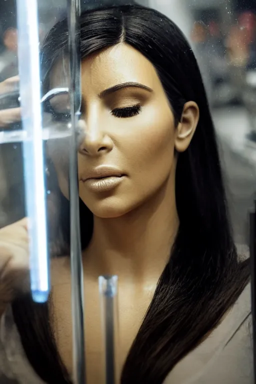 Prompt: A photo still of kim kardashian eyes closed frozen inside a glass tube in a lab, led lighting, full-shot, full pov, highly detailed, artstation, concept art, sharp focus, illustration, cinematic lighting, wide-shot.