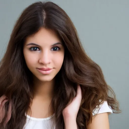 Prompt: young lady, 2 3 years old, big brown hair, honey brown eyes, white skin, small mouth, thin,