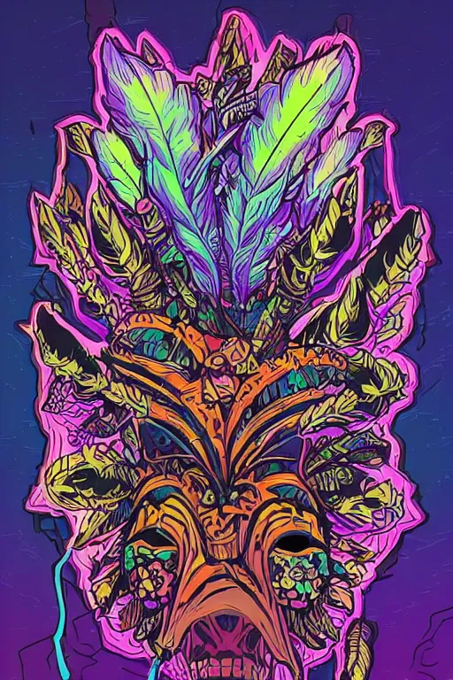 Image similar to animal mask totem roots flower tribal feather gemstone plant wood rock shaman vodoo video game vector cutout illustration vivid multicolor borderlands comics by josan gonzales and dan mumford radiating a glowing aura