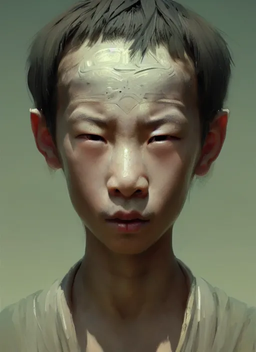 Prompt: a portrait of an oriental sage child with an enormously large head, an ancient pale sage child with subtle paint on face, highly detailed, digital painting, artstation, concept art, intricate, elegant, smooth, sharp focus, art by wlop, mars ravelo and greg rutkowski and craig mullins