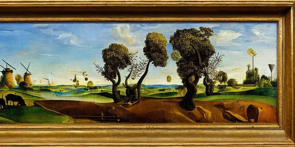 Prompt: an oil painting of a landscape with oak trees and windmills by Salvador Dali, Hieronymous Bosch, and Ivan Shishkin