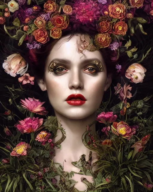 Image similar to portrait of the queen of the underworld, surrounded by flowers by karol bak, james jean, tom bagshaw, rococo, trending on artstation, cinematic lighting, hyper realism, octane render, 8 k, hyper detailed.