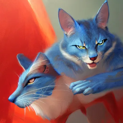 Image similar to blue cat eating red sable painting by eddie mendoza, greg rutkowski