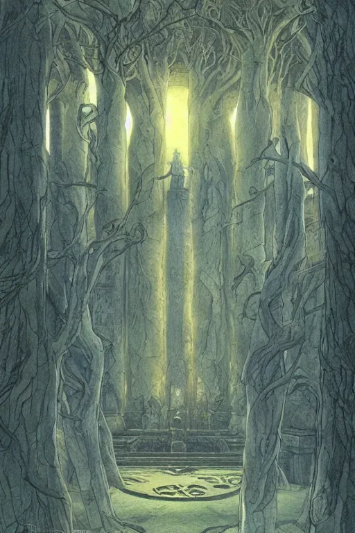 Image similar to sacred ash tree, stone temple interior, circle of power, mysterious, dramatic lighting, wide angle, highly detailed, in the style of alan lee and moebius
