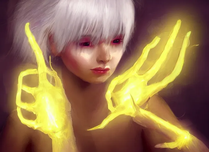 Prompt: mysterious fate girl with silk glowing white hair with glowing white stings coming out of her hands, she poses as a puppeteer with her hands infront of her concept art trending on artstation oilpaint portrait