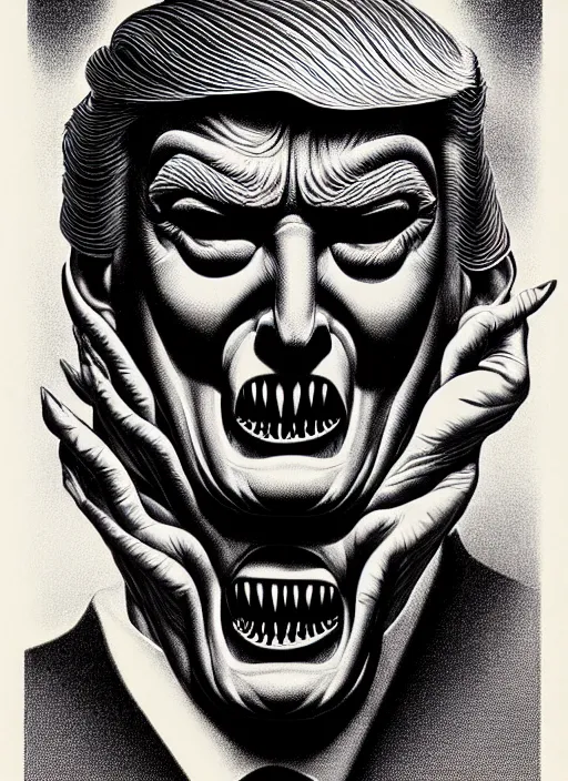 Image similar to donald trump's grotesque true form revealed, horror, high details, intricate details, by vincent di fate, artgerm julie bell beeple, 1 9 8 0 s, inking, vintage 8 0 s print, screen print