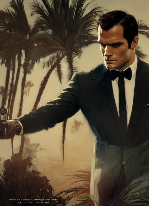 Image similar to portrait of henry cavill as james bond, key art, palm trees, vintage aston martin, highly detailed, digital painting, artstation, concept art, cinematic lighting, sharp focus, illustration, by gaston bussiere alphonse mucha