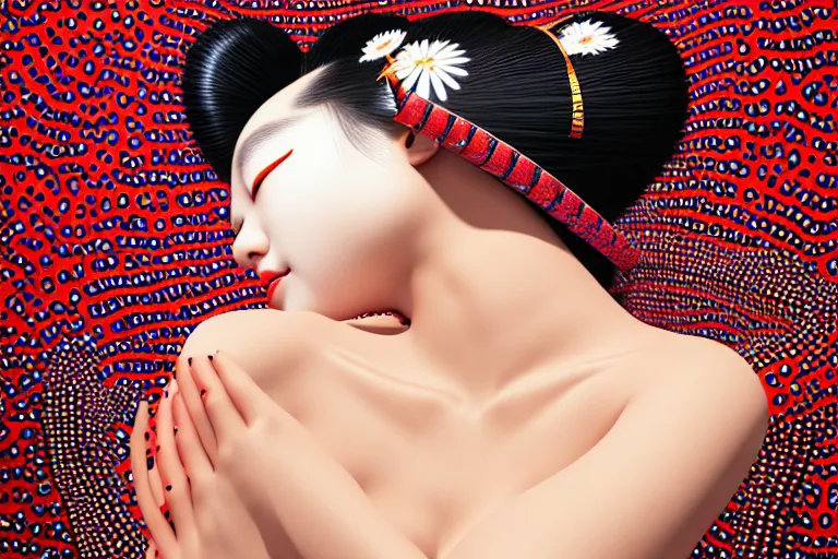 Image similar to hyperrealistic detailed image of a geisha laying in a room, background by yayoi kusama, part by kei mieno, part by ross tran, part by james jean, ultra realistic, highly detailed, symmetrical face, detailed body, 3 d render, very cohesive, masterpiece