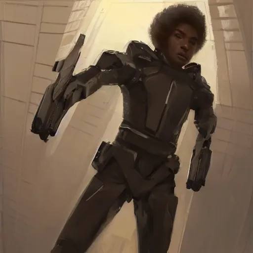 Image similar to portrait of a man by greg rutkowski, he is about 2 0 years old, mixture between afroamerican and japanese, afro hair, young, very tall and slender, he is wearing a futuristic police gear, highly detailed portrait, digital painting, artstation, concept art, smooth, sharp foccus ilustration, artstation hq