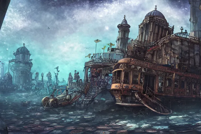 Prompt: a steampunk istanbul, underwater, digital painting, mixed media, trending on artstation and deviantart, epic composition, highly detailed, 8 k