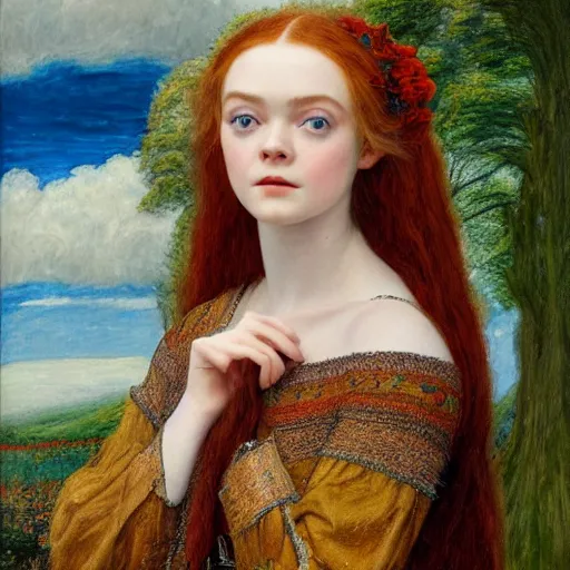 Prompt: professional painting of Elle Fanning in the style of Eleanor Fortescue-Brickdale, head and shoulders portrait, symmetrical facial features, smooth, sharp focus, illustration, intricate, stormy weather, extremely detailed masterpiece,