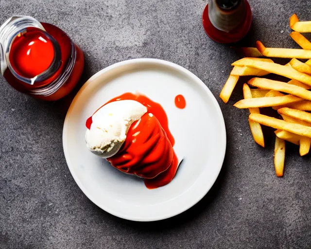 Prompt: dslr food photograph of vanilla ice cream with ketchup on, a leaf on the ice cream, french fries on the side, a bottle of ketchup, bokeh, 8 5 mm f 1. 4