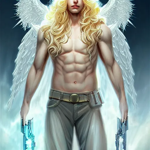 Image similar to digital art of a pale menacing male Cyborg Angel of Battle with long blond curls of hair and piercing eyes, central composition, he commands the fiery power of resonance and wrath, very very long blond curly hair with bangs!!!, Center parted bangs, fringe, baroque curls, by Ross Tran Rossdraws and WLOP, Artstation, CGsociety