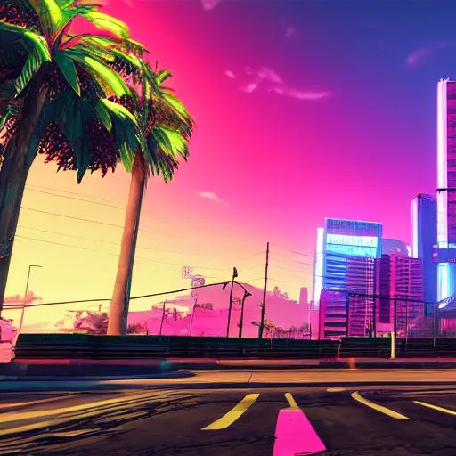 Image similar to vaporwave cyberpunk photorealistic grand theft auto 5