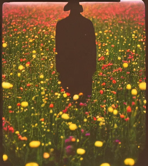 Image similar to mystical death god standing in tall meadow of flowers, distant, vintage film photo, grainy, high detail, high resolution