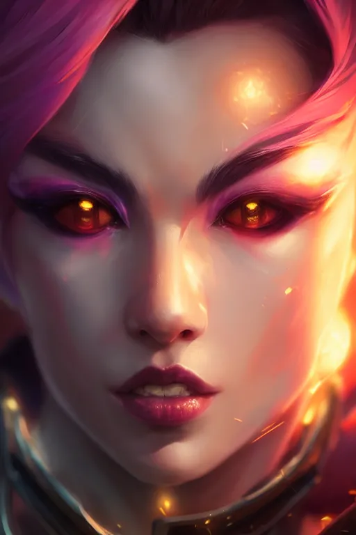 Image similar to ultra detailed face portrait of vi from league of legends from tv series arcane from netflix, extremely detailed digital painting, in the style of fenghua zhong and ruan jia and jeremy lipking and peter mohrbacher, mystical colors, rim light, beautiful lighting, 8 k, stunning scene, raytracing, octane, trending on artstation