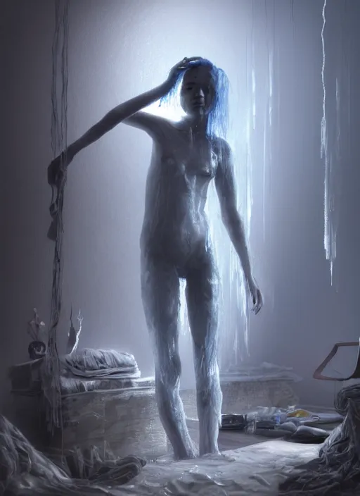 Image similar to rgb, woman, bedroom full of ice, sadness, cinematic, movie scene, inspired by zdzislaw beksinski, clothes made out of veins,, cables everywhere, bedroom, ultra realistic, concept art, intricate details, highly detailed, photorealistic, octane render, 8 k