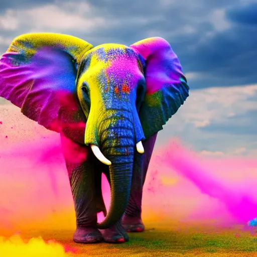 Image similar to photograph of happy elephant covered in bright-colored powder, holi, sharp focus, cinematic lighting, rim lighting, clouds of colored powder flying in the background, enhanced, 4k, hd, flickr