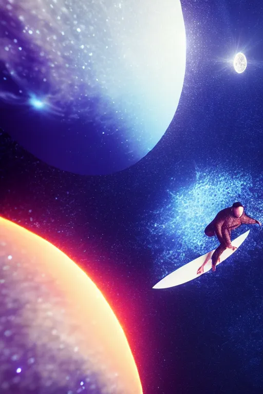 Image similar to astronaut surfing a surfboard on a sparkly crashing wave of stardust in space, background is a moon in nebula, octane render, unreal engine, wide view, 8 k, highdetaild