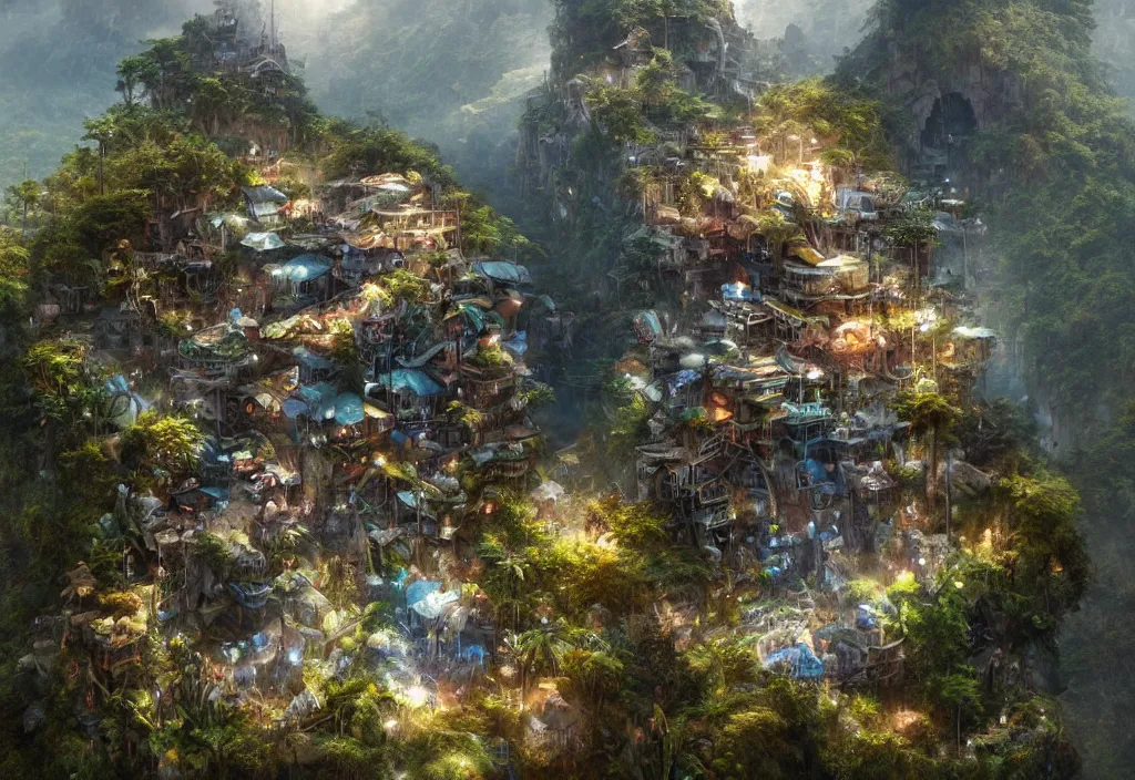 Image similar to photorealistic symetric favela rio in middle of jungle and mountains by ellen jewett, tomasz alen kopera and Justin Gerard